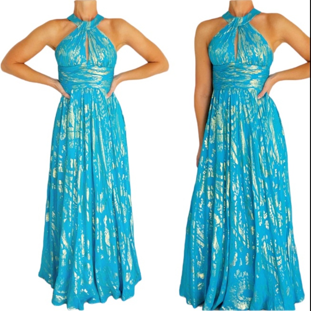 Aidan Mattox silk blue metallic gold keyhole neckline formal gown size 2